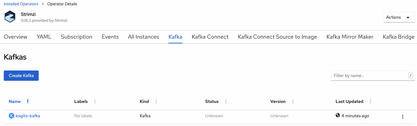 Image of Kafkas page in web console