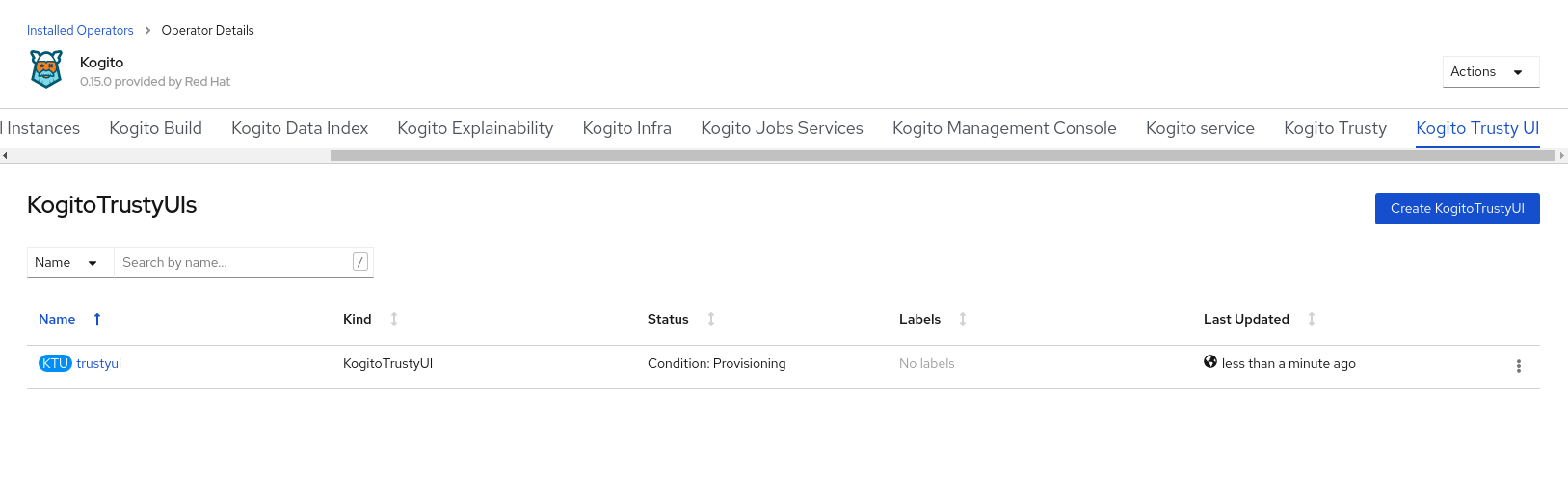 Image of Kogito Audit Investigation Console instance on OpenShift