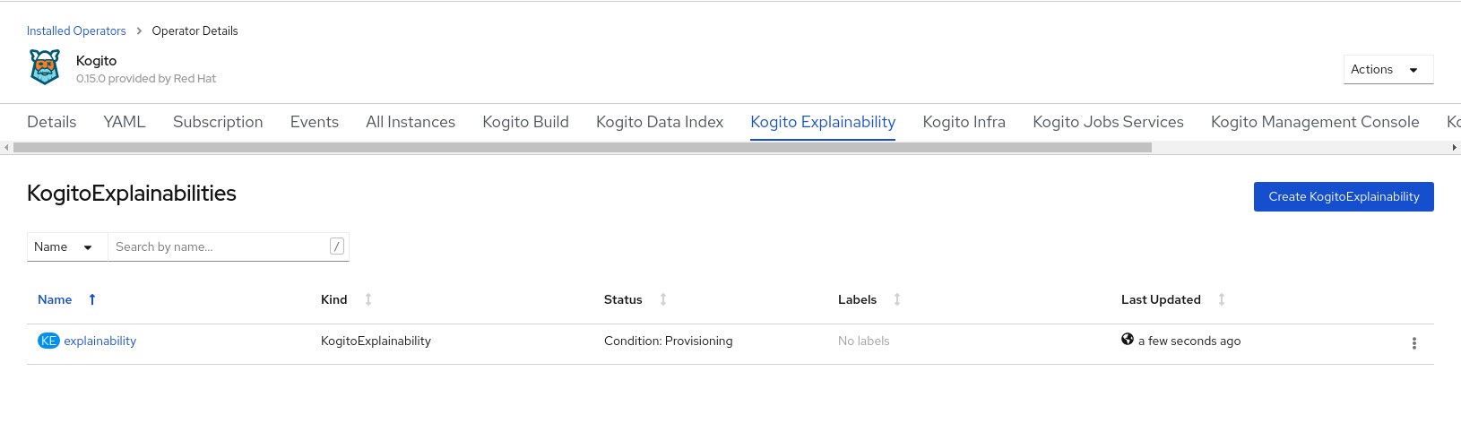 Image of Kogito Explainability Service instance on OpenShift