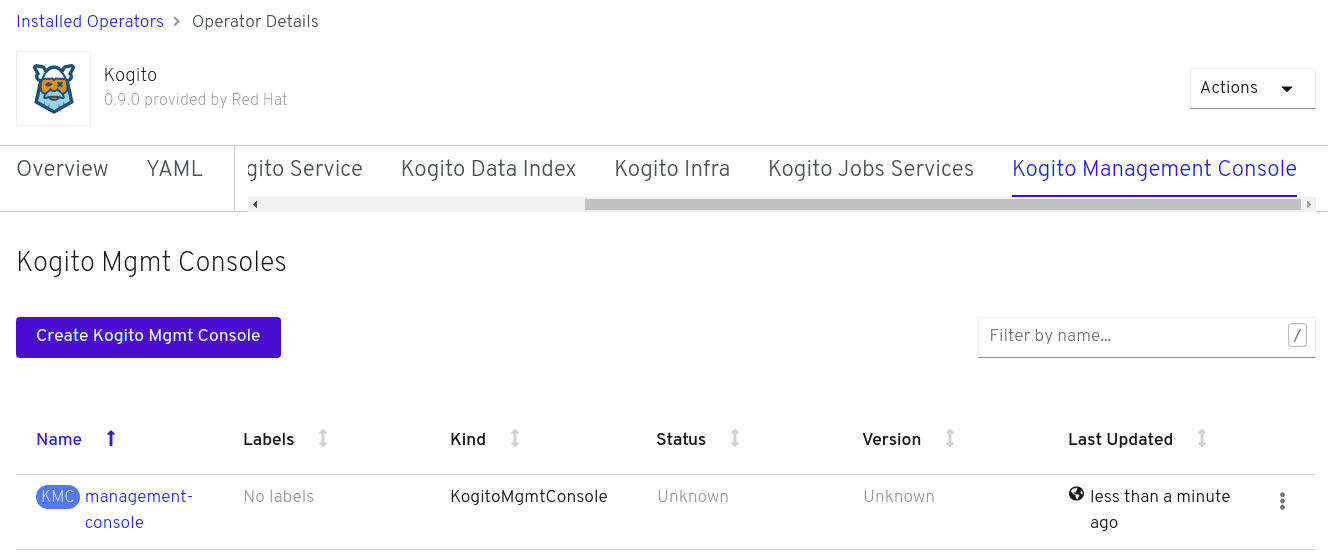 Image of Kogito Management Console instance on OpenShift
