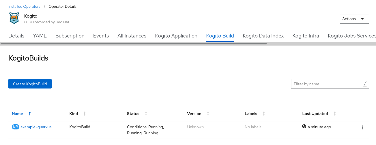 Image of Kogito build listed in web console