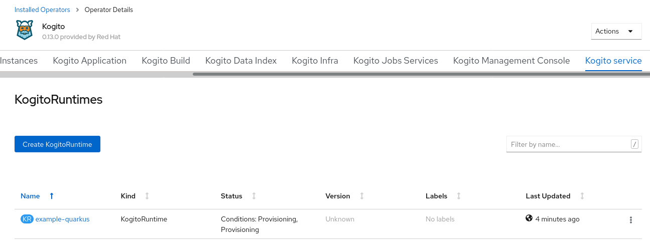 Image of Kogito service listed in web console