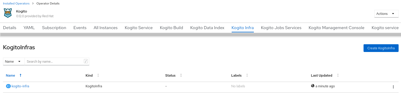 Image of Kogito Infras page in web console
