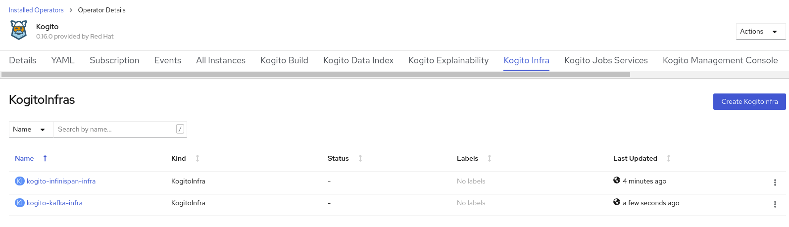 Image of Kogito infra details in web console