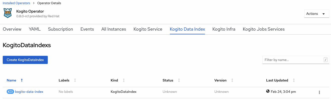 Image of Kogito Data Index page in web console