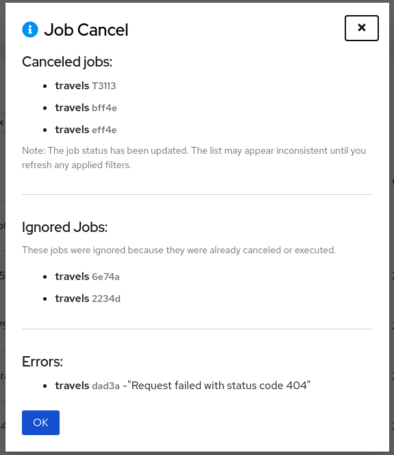 Image of Jobs Management cancel operation result in Management Console