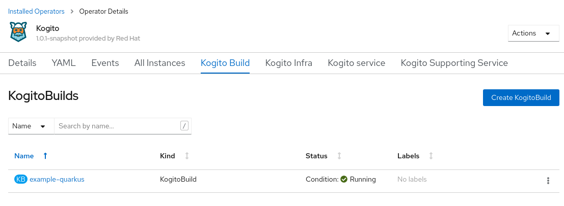 Image of Kogito build listed in web console