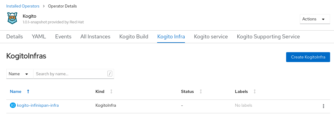 Image of Kogito Infra page in web console