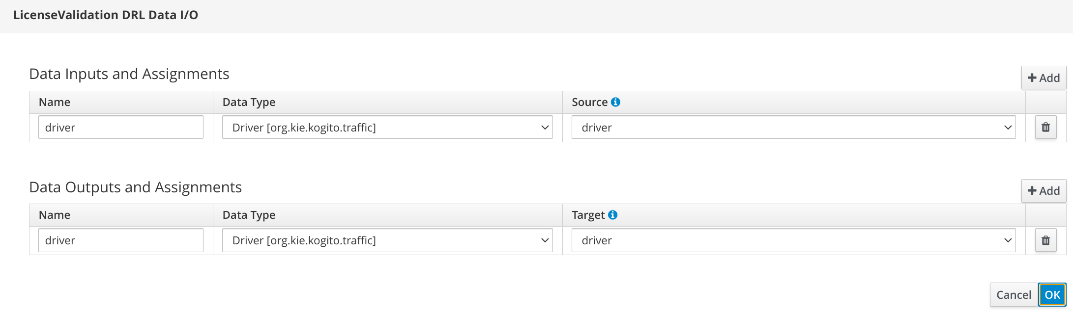 Image of License Validation Task data assignment in process designer