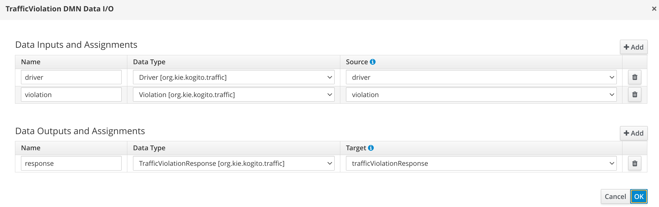 Image of Traffic Violation Service Task data assignment in process designer