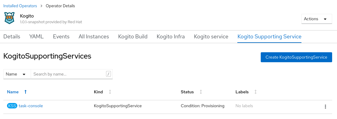 Image of Kogito Task Console instance on OpenShift