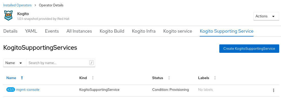 Image of Kogito Management Console instance on OpenShift