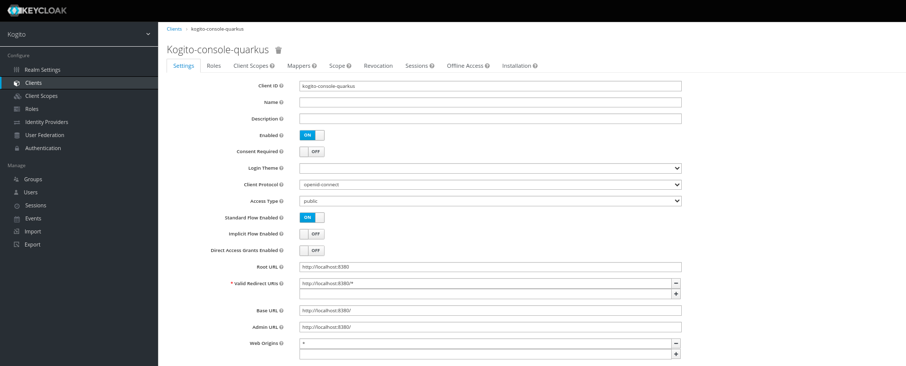 Image of client config in keycloak server