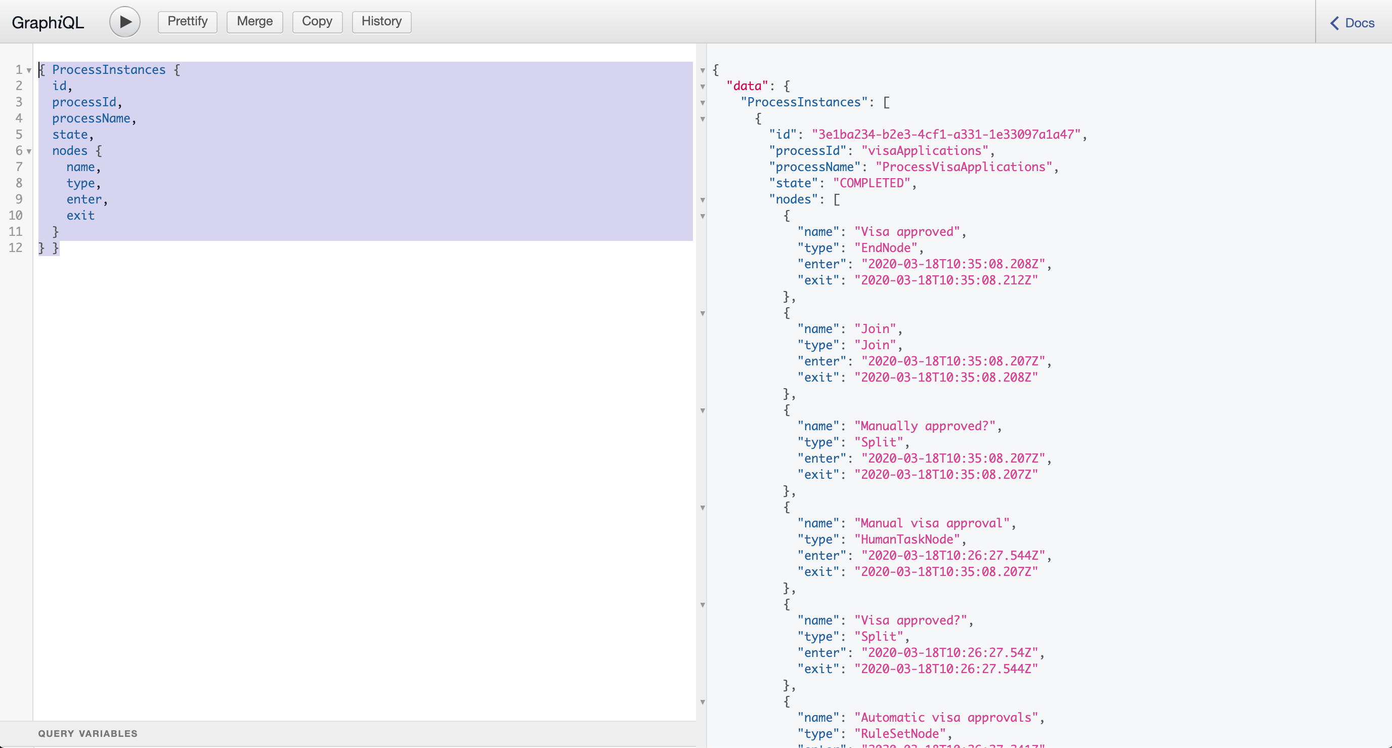 Image of GraphQL query and response for process instances