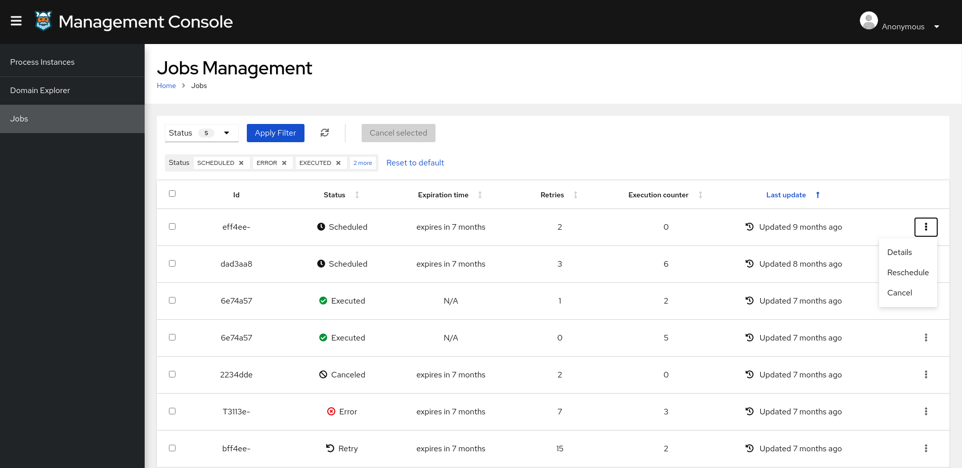 Image of Jobs Management page in Management Console